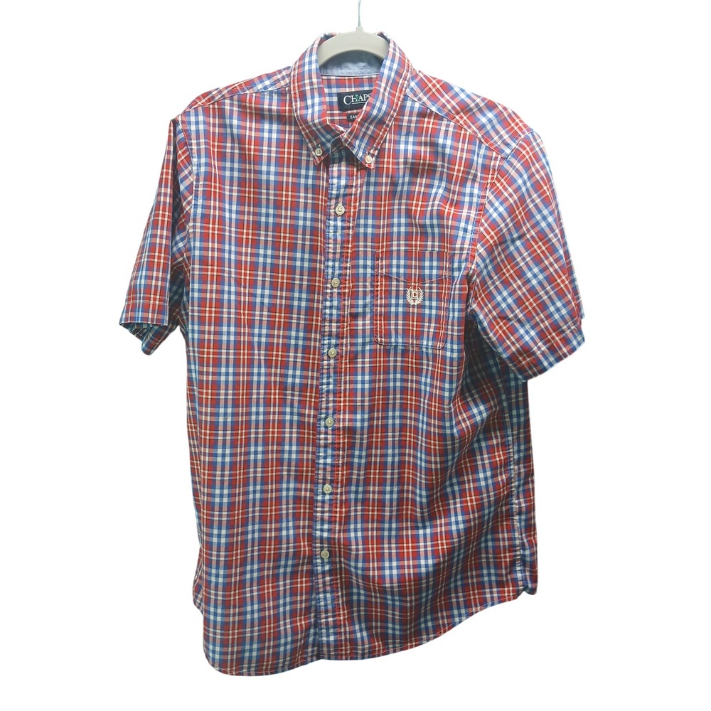 Chaps Mens‎ Red White Blue Plaid Short Sleeve Easy Care Button Down Shirt Medium